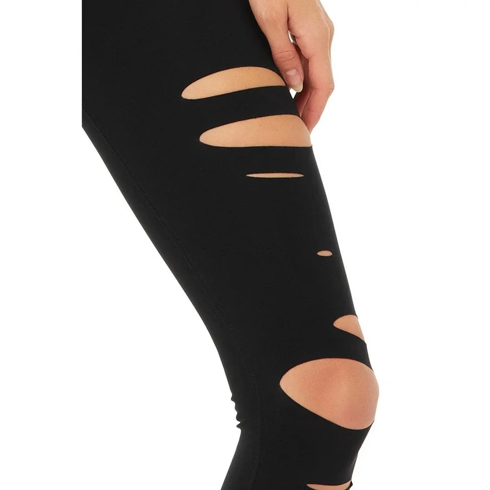 Alo Yoga Black High Waist Distressed Ripped Warrior Active Legging Size XXS