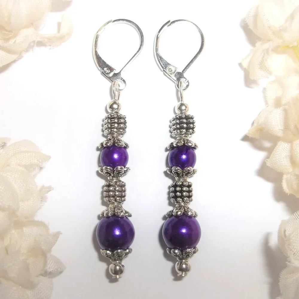 Long Purple and Silver Earrings Pearl Beaded Dangle Drop Jewelry Set Pair 7351