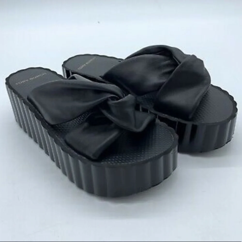 Tory Burch Knotted Scalloped Wedge Black Leather Platform Slide