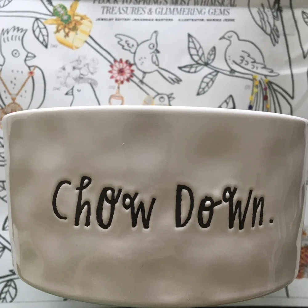Rae Dunn dog food bowl etched with “Chow down”