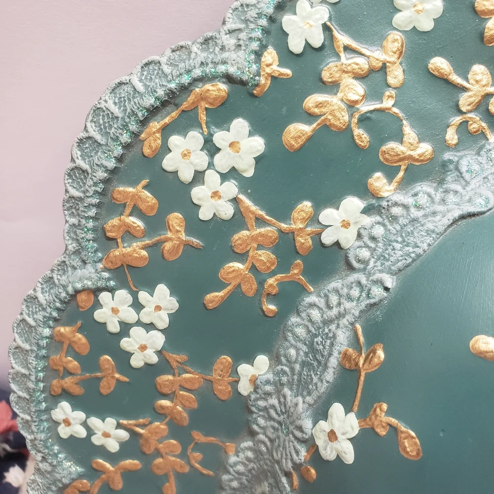 Ceramic Hand Painted Green & Gold Floral Ladies Hat Wall Hanging Artist Signed