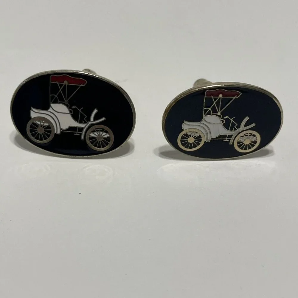 Vintage Oval Enamel Antique Car Ford Wagon Mens Cufflinks Gold Tone Cuff Links