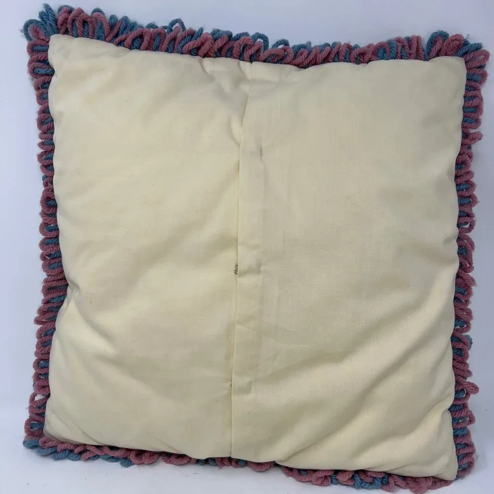 Vintage Crochet Knit Pillow Square 1970s Retro Blue & Pink Hand Made