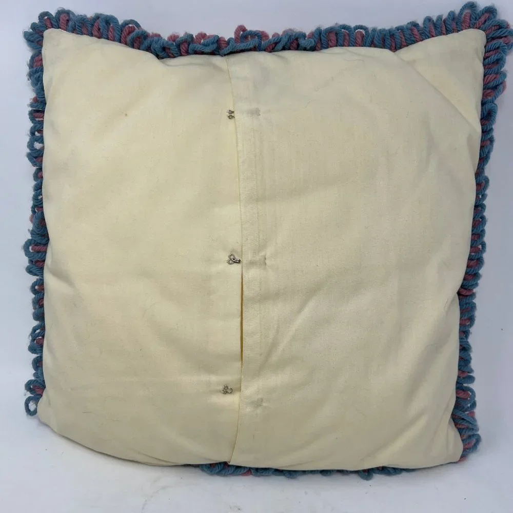 Vintage Crochet Knit Pillow Square 1970s Retro Blue & Pink Hand Made