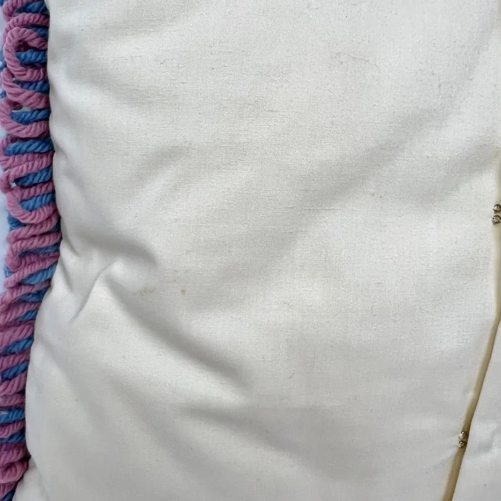 Vintage Crochet Knit Pillow Square 1970s Retro Blue & Pink Hand Made