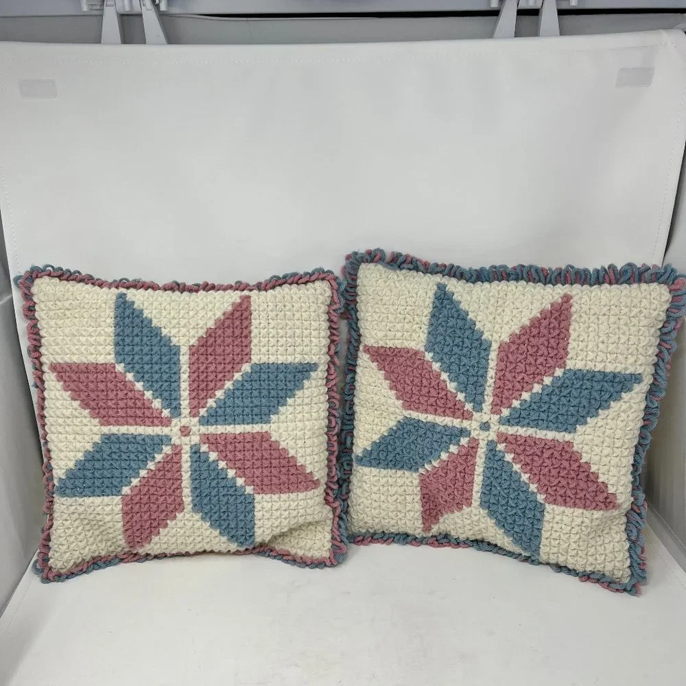 Vintage Crochet Knit Pillow Square 1970s Retro Blue & Pink Hand Made