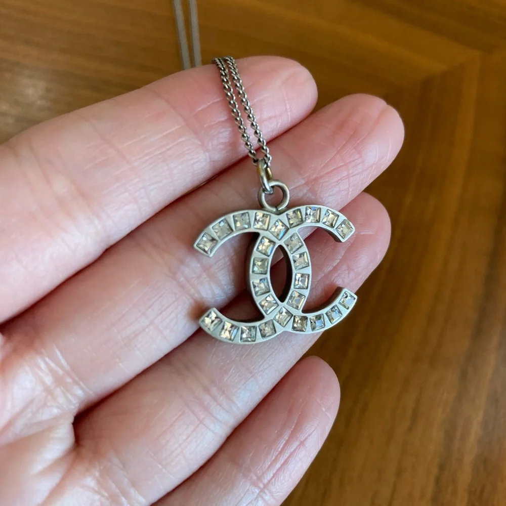 Authentic Chanel Silver with crystals CC necklace
