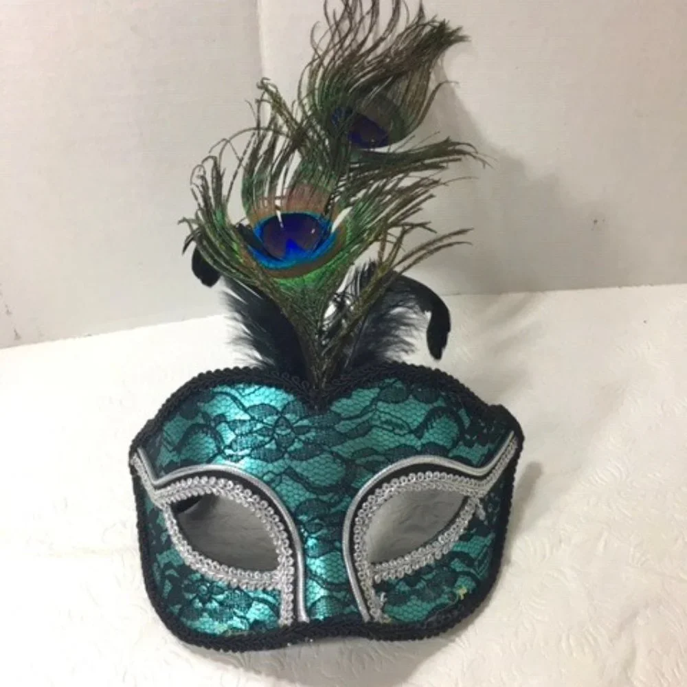 Turquoise Black Lace Peacock Feathers Masquerade Halloween Mask