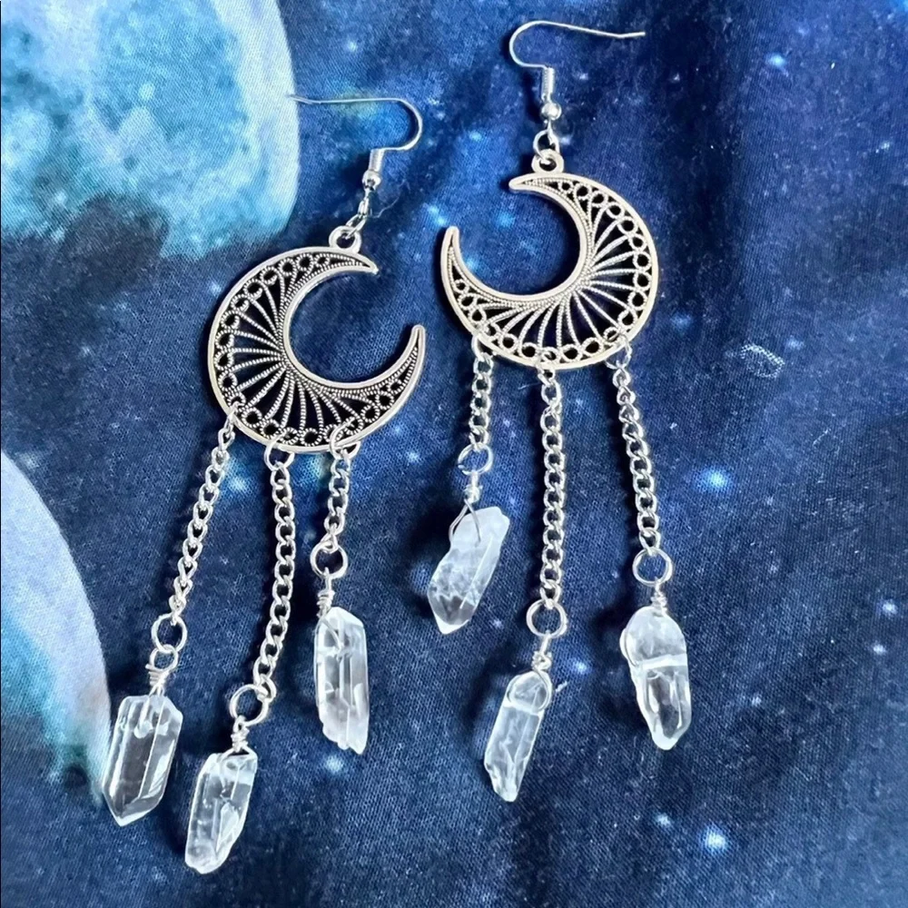 Celestial LUNA MOON Clear Quartz Chandelier Earrings