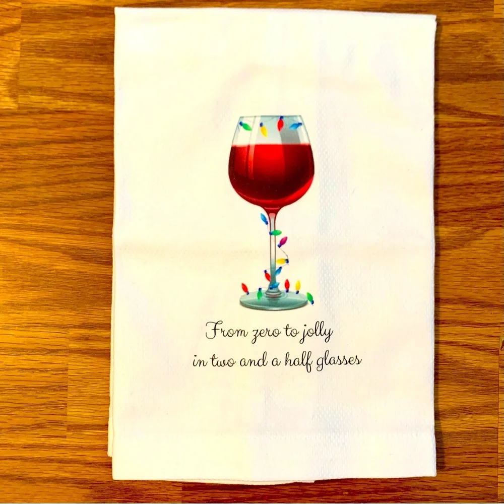 Christmas light jolly wine glass tea towel 17”x22” 100% cotton
