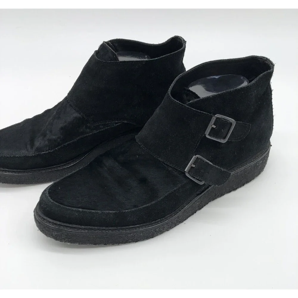 All Saints Mens Black Boot Double Monk Crepe Sole 43 us 9 9.5 Leather Suede Hair