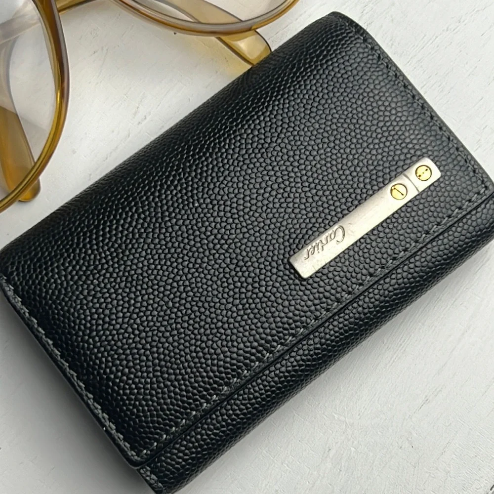 Auth. Cartier Santos Leather 4 Ring Key Case Black Logo Unisex Vintage