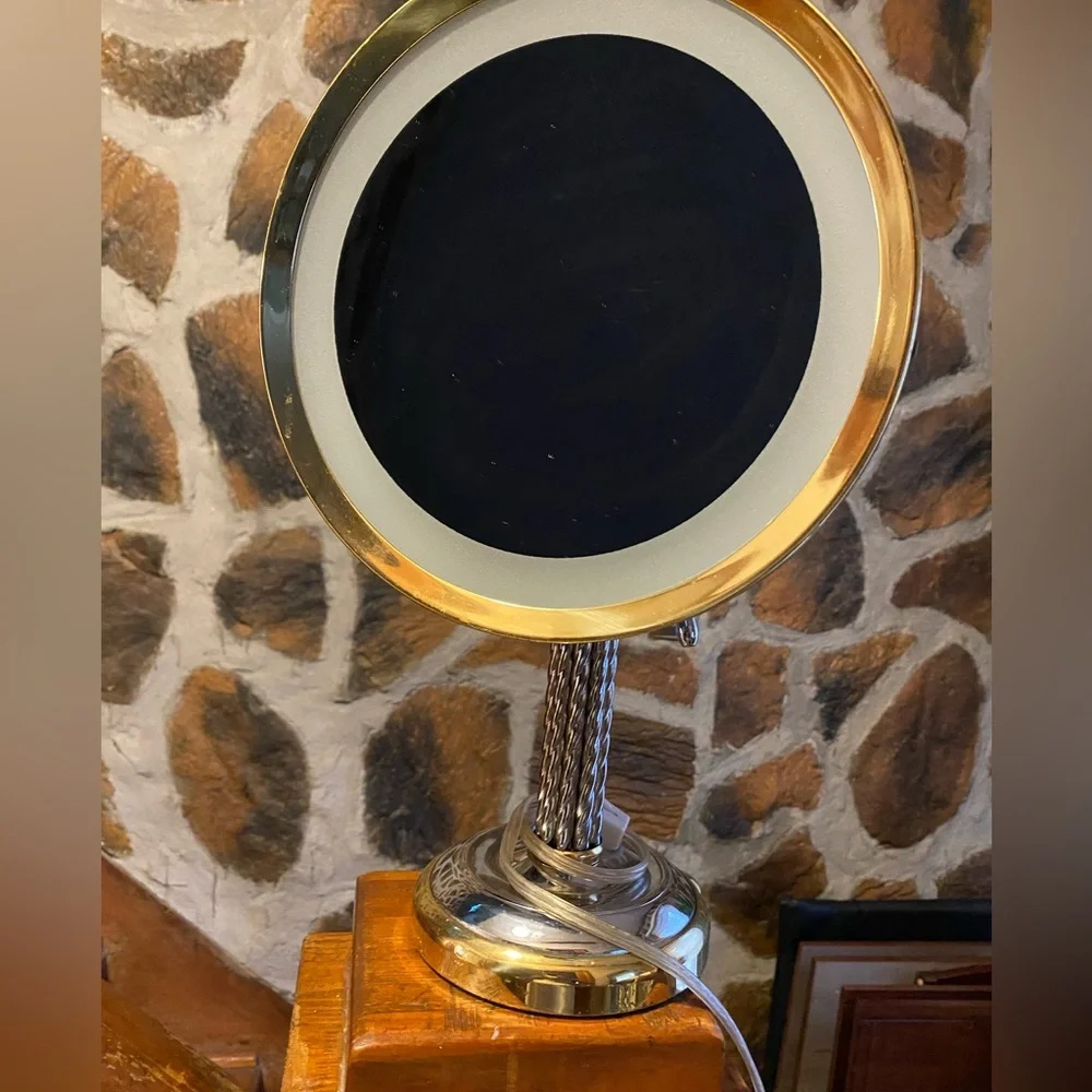 Heavy Vintage Lighted 5X Magnifying Makeup Vanity Mirror Brass Cane & Reed 16
