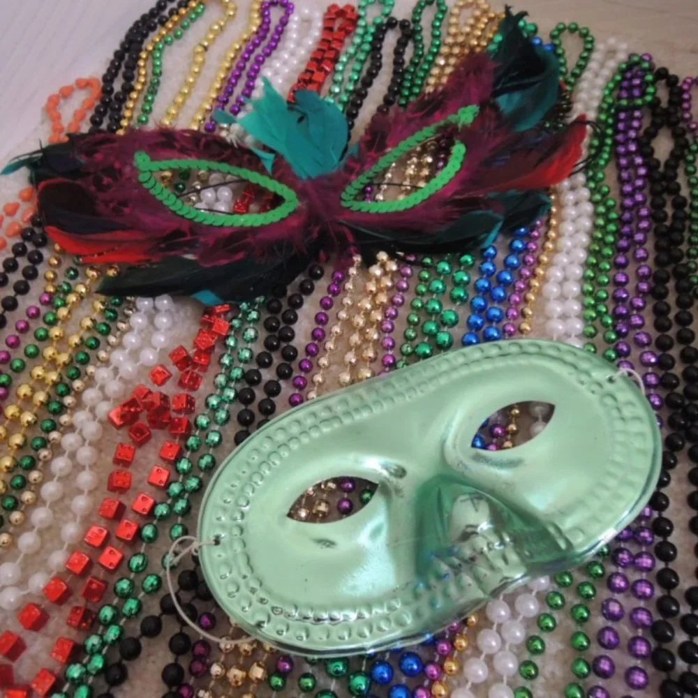 Mardi Gras Masks Beads LOT 24 Necklaces + 2 Bourbon Street Party Masks NEW