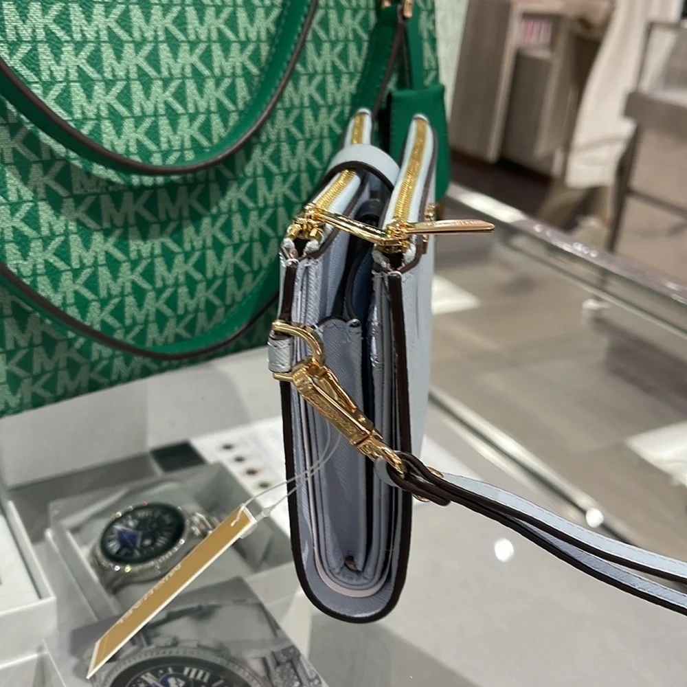 MICHAEL KORS LARGE DOUBLE ZIP WRISTLET WALLET PHONE CASE CLUTCH Vista Blue