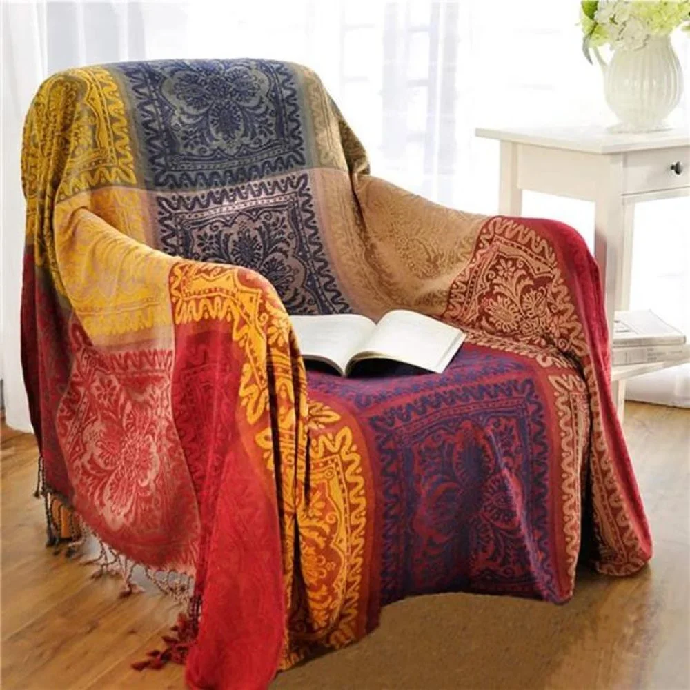 Boho Throw Blanket, Colorful Chenille Jacquard Bohemian Chair Recliner Cover