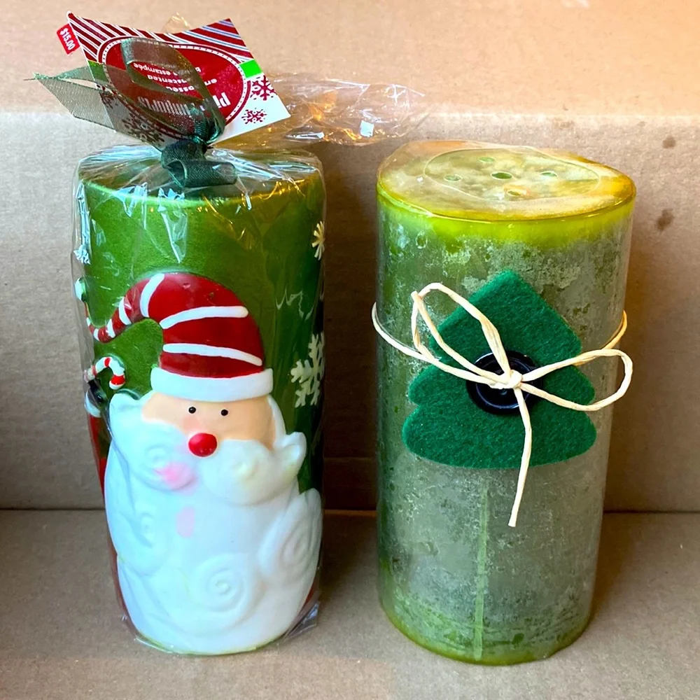 Pier 1 Imports Embossed Green Santa Candle Set