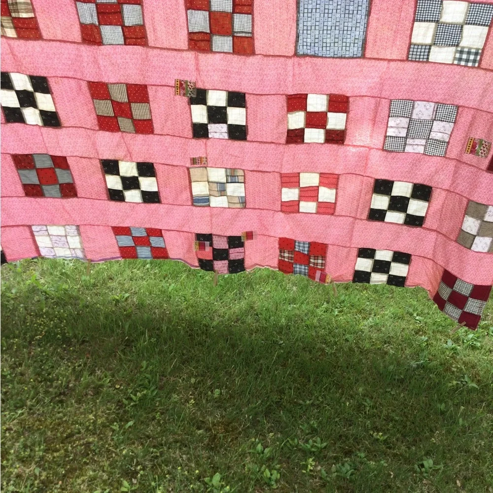 Vintage Quilt top handmade 9 Patch 92x155”