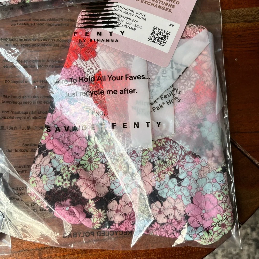 Savage X Fenty Penthouse Suite Mixed Lace Heavy Pink High Waist Thong Panty