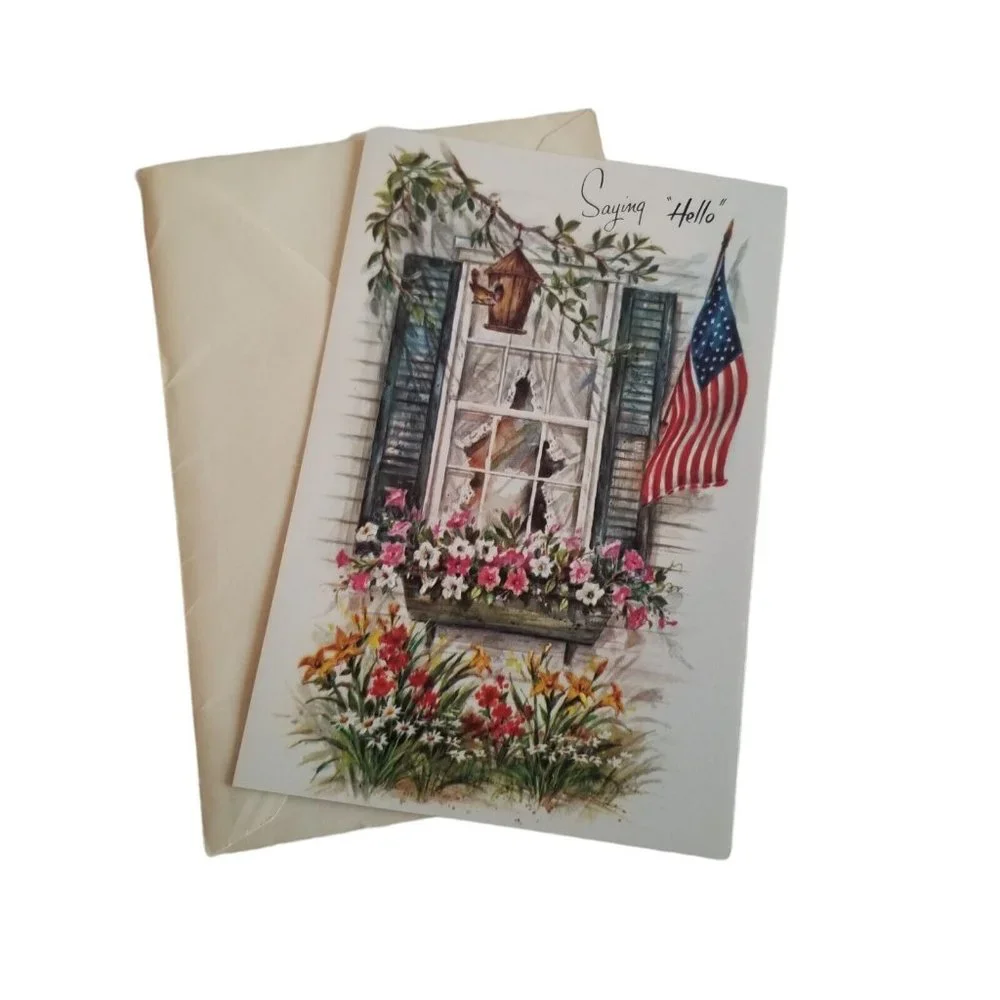 Vintage Greeting Card Friendship Hello Window Box American Flag Birdhouse Unused