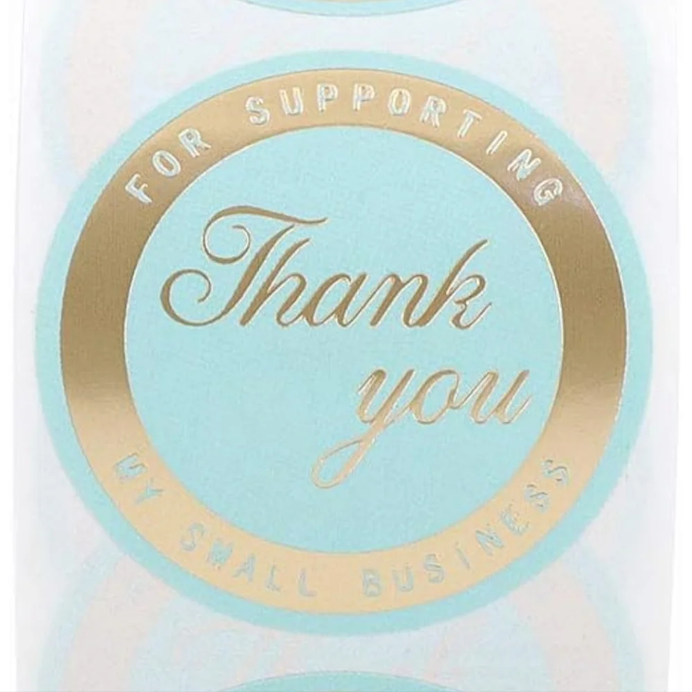 50 pcs Mercei Thank You Stickers with Turquoise Background and Wide Matte Gold