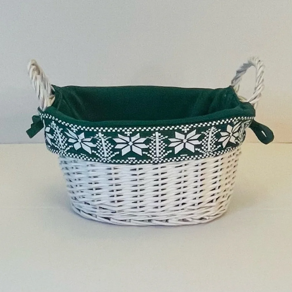 White Wicker Basket with Removable Green Cloth Snowflake Trimmed Lining