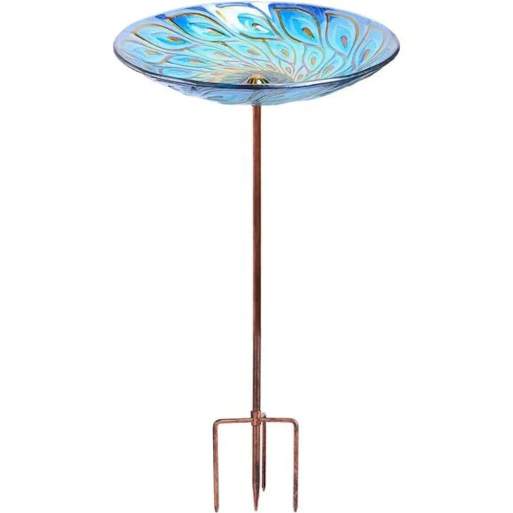 Glass Bird Bath, Garden Outdoor Birdbaths Birdfeeder with Metal Stake Peacock