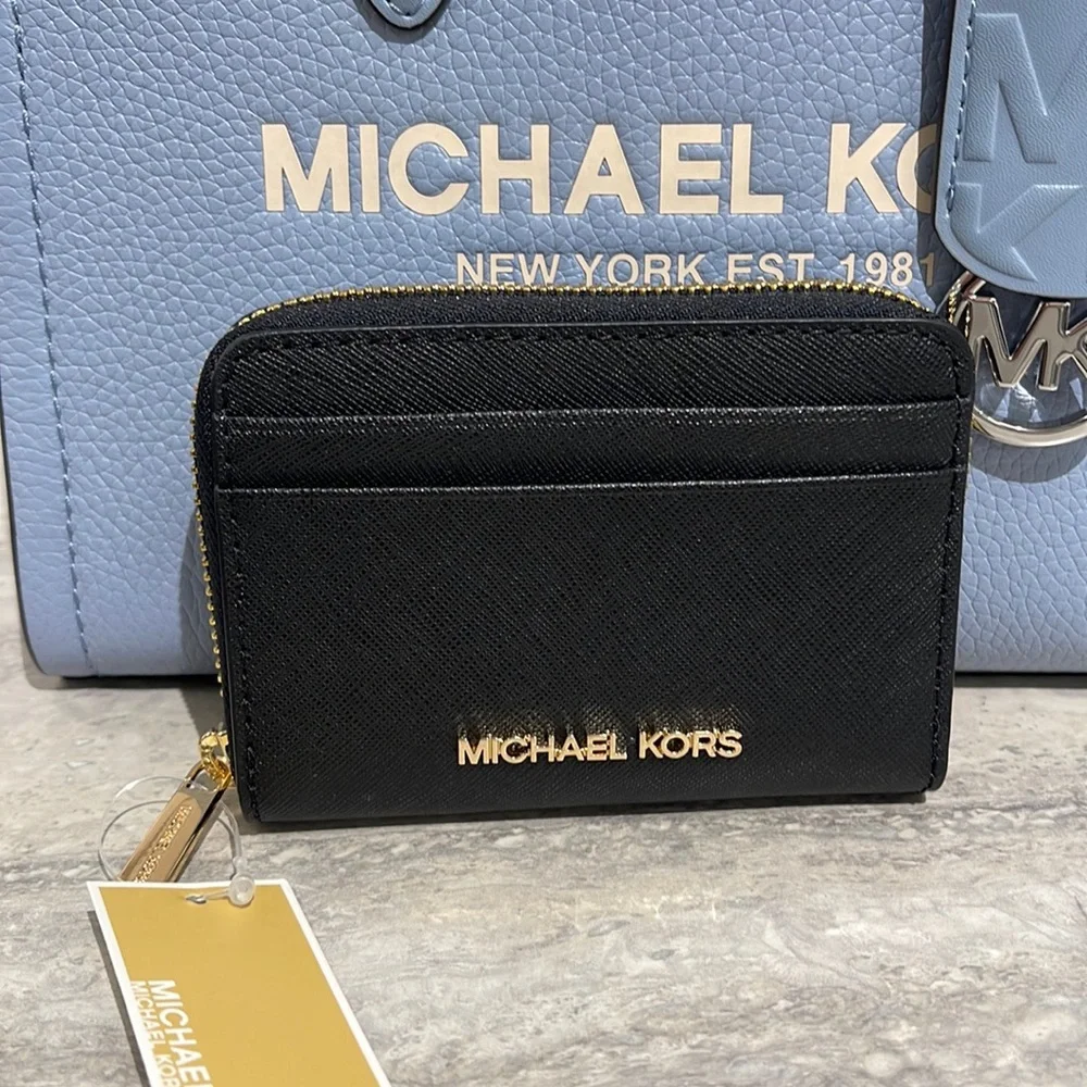 Michael Kors Jet Set Travel Medium Zip Around Card Case Color: Black NWT
