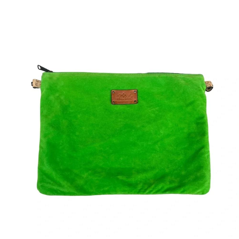 Patricia Nash Green Zip Closure Bag Leather Trim Logo Spellout Used Travel