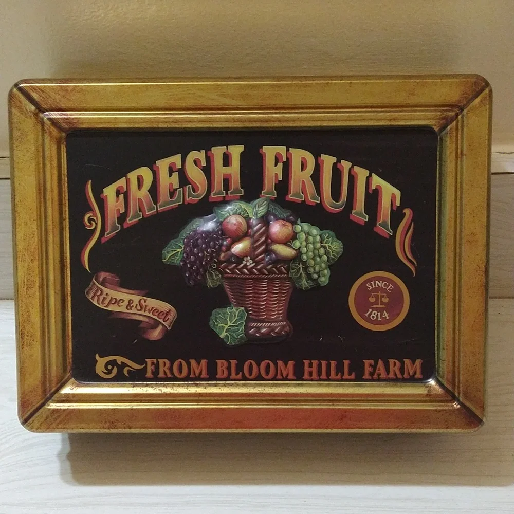 Vintage Collectible Bloom Hill Farm Fruit Empty Tin Rustic 3D Lid 9.75 x 7