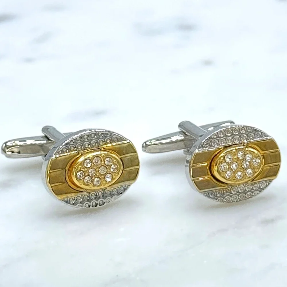 Mens Silver Tone & Gold Tone Clear Rhinestones Oval Bullet Back Cufflinks