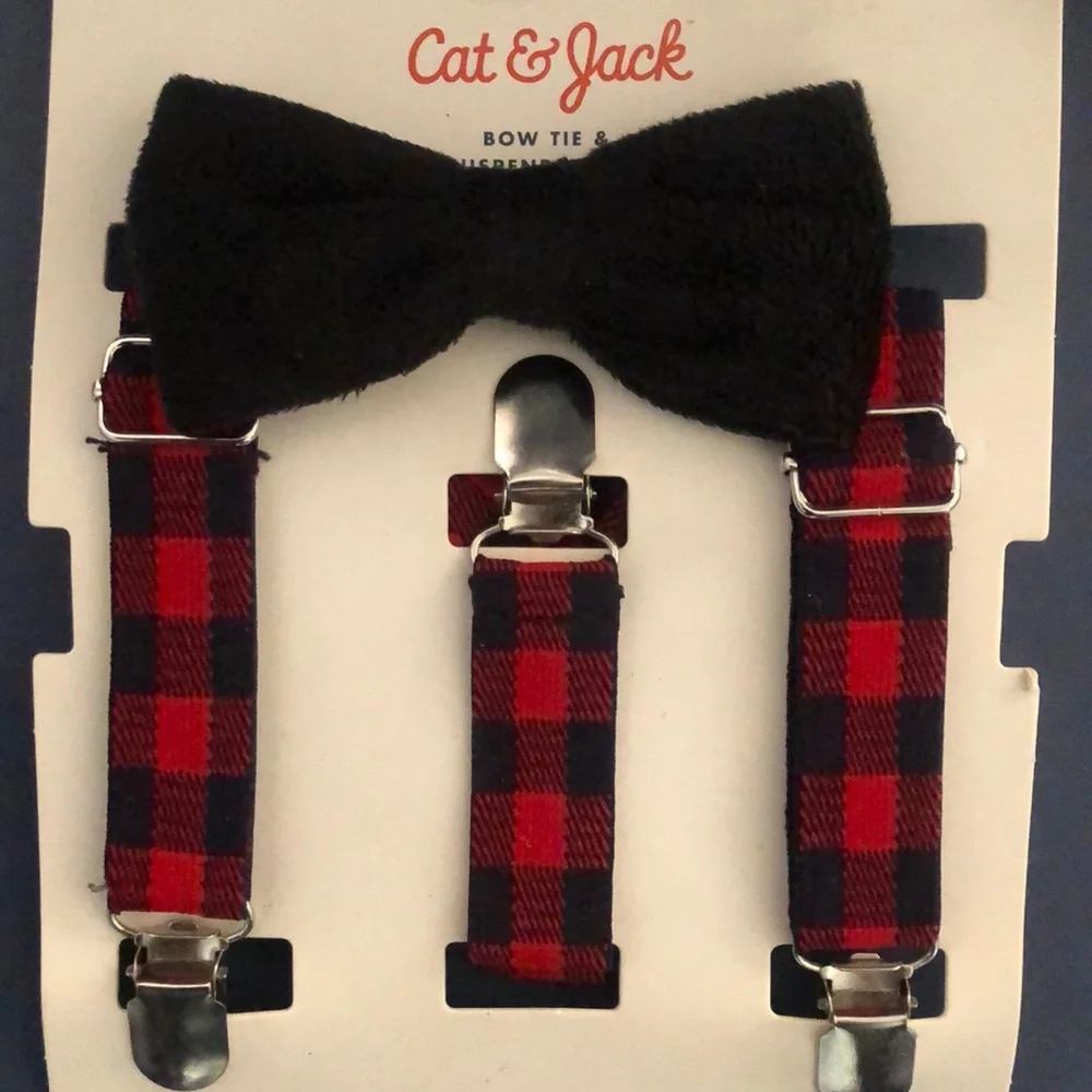 NWT Cat & Jack Black Bow Tie and Plaid Suspenders Set