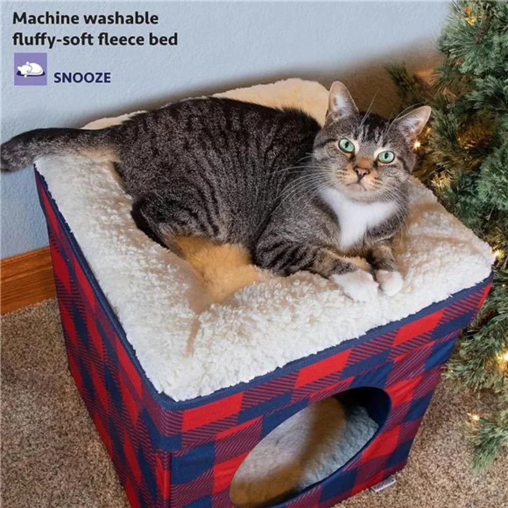 Kitty City Large Cat Bed, Stackable Cat Cube, Indoor Cat House Cat Scratcher,Red