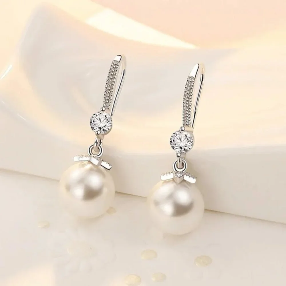 925 Sterling silver Pretty crystal pearl earrings for women fashion designer