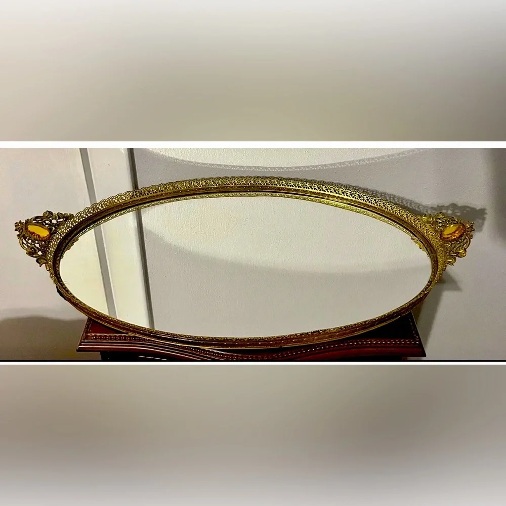 Vtg Gold Ornate Mirror Vanity Tray W/Cherubs & Lg Two Yellow Jewels Velvet Back