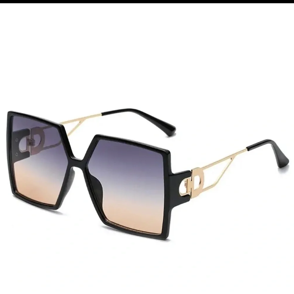 Black  & Tea Square Sunglasses with Gold Arm Detail