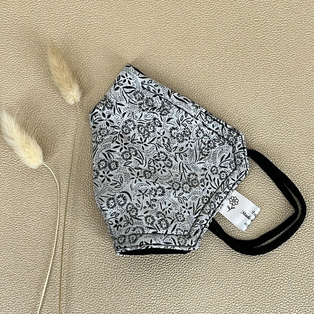 Reversible Face Mask black and white floral print 3 layer cotton fabric
