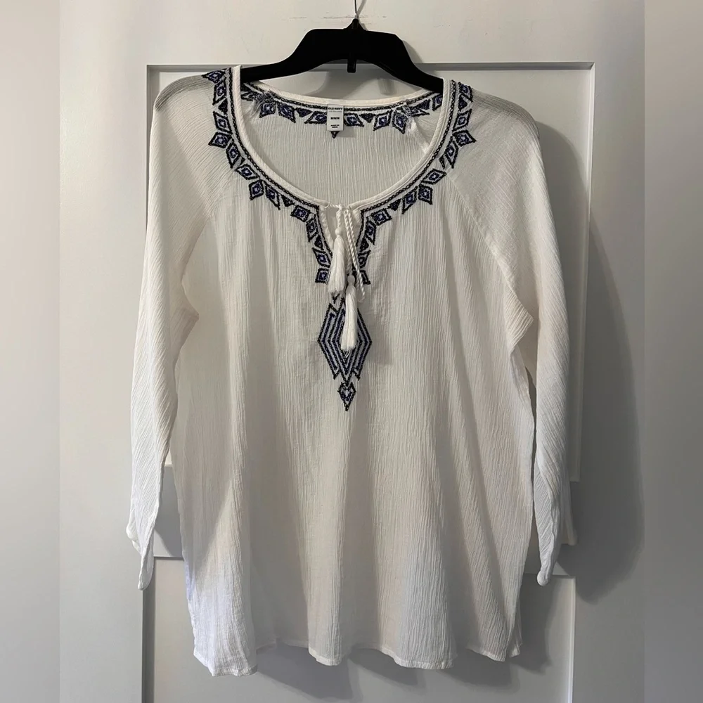 White and Blue Embroidered Shirt