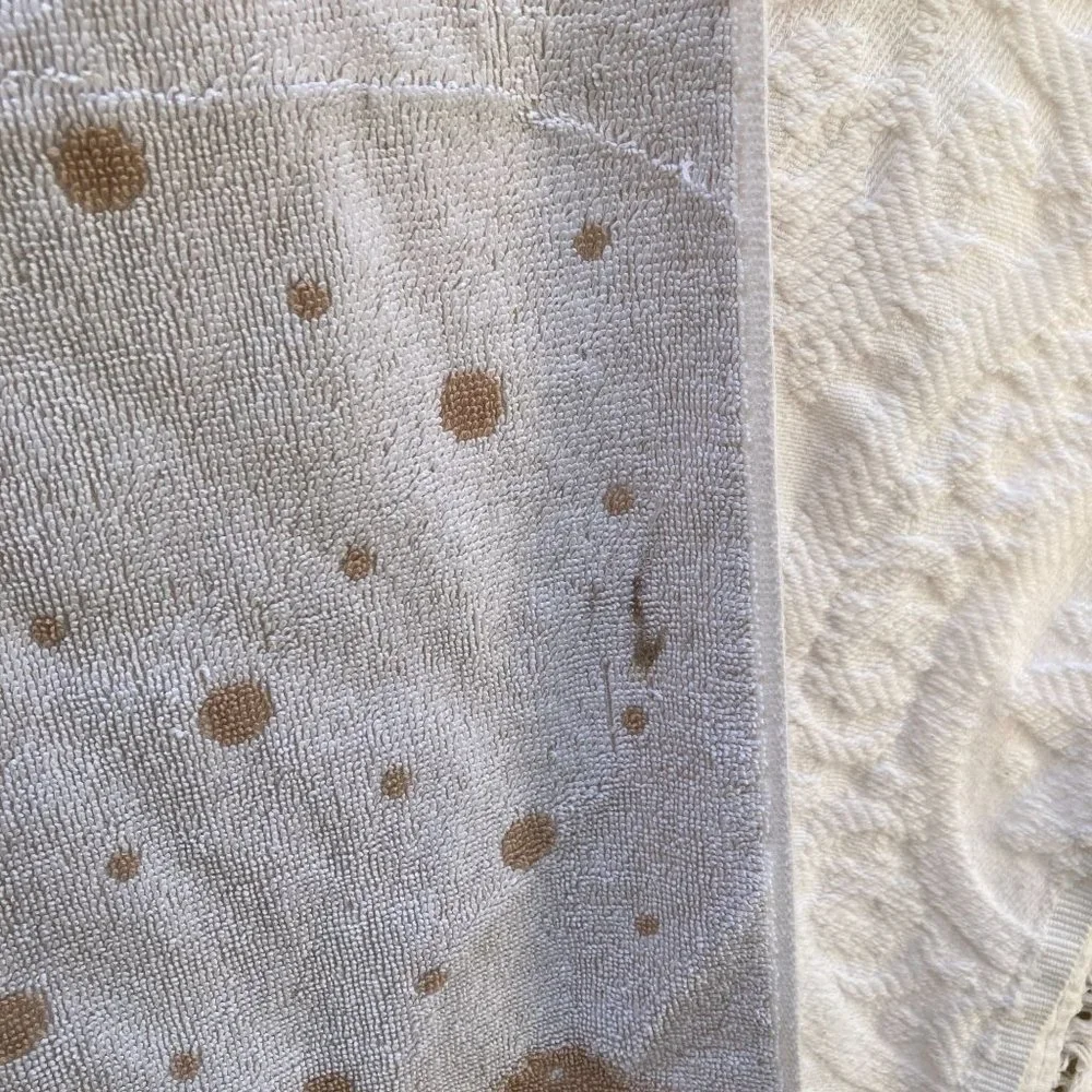 Vintage 60s FIELCREST FLORAL Polka Dot Tan White Bath TOWEL