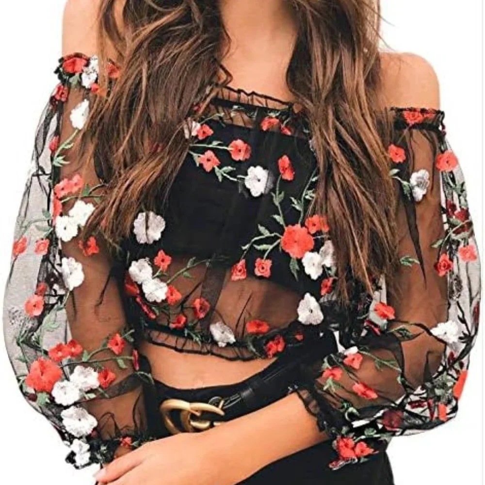 Sexy floral embroidery mesh T-shirt