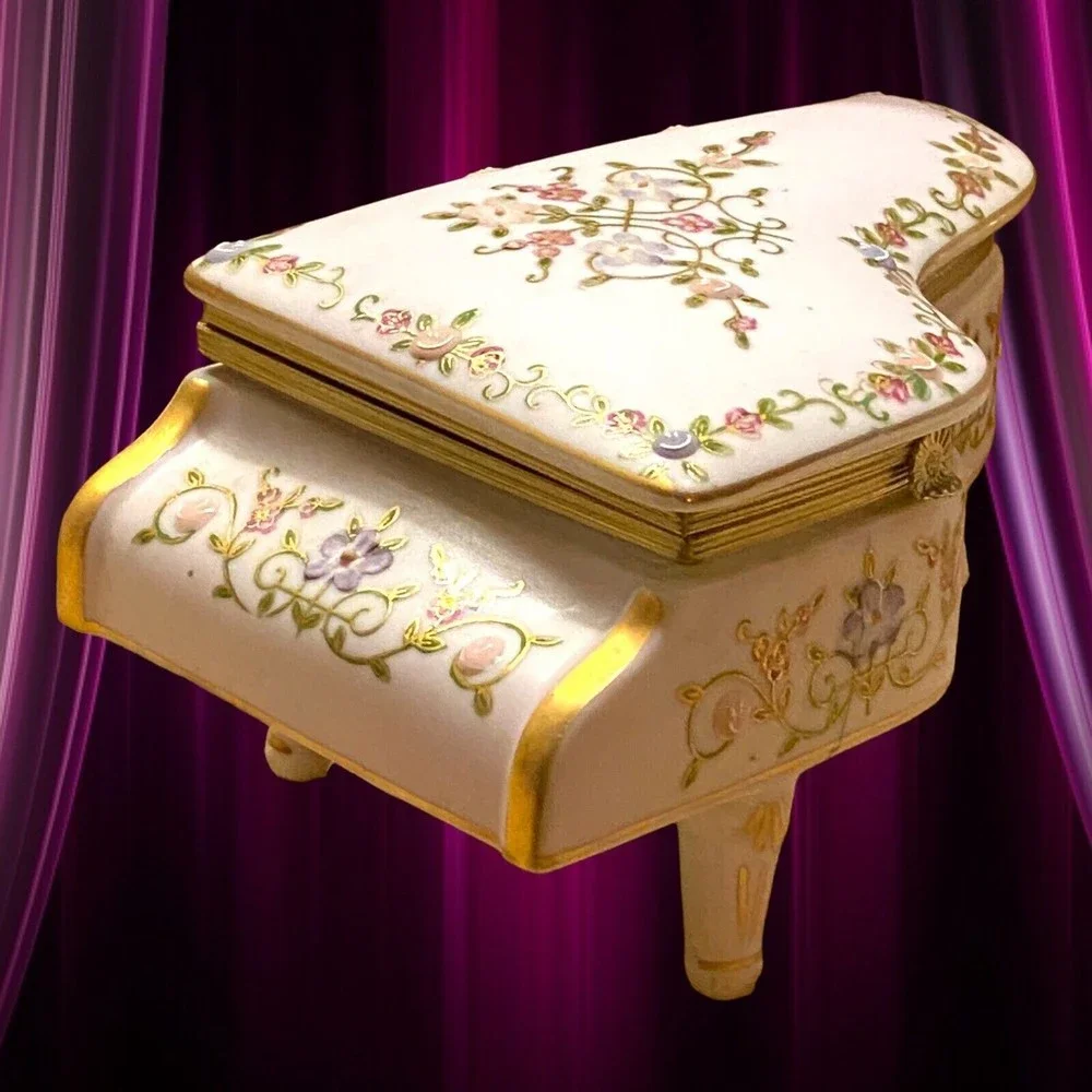 Vintage Piano Trinket Box Jewelry Japan Raised Embellished Floral Gold Trim