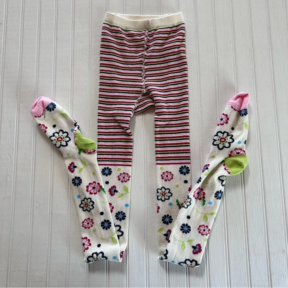 Hanna~ Girl’s Cotton Blend Made in Denmark Floral Stripe Footed Tights 150/160
