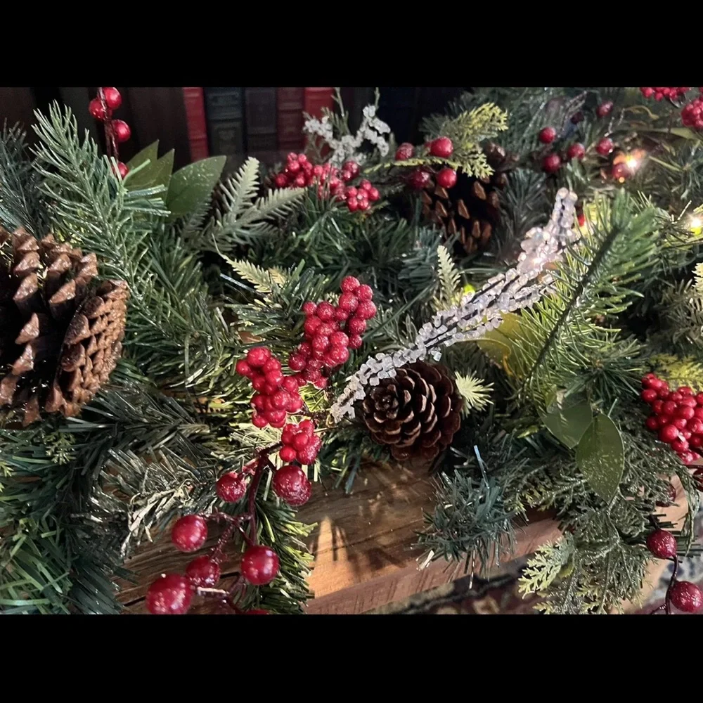 9 foot Premium Pre-lit Glittered Berries Pine Cones Garland, Farmhouse Christmas