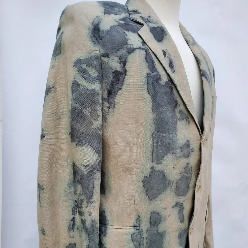 NEW linen Blazer tie dyed gray tan khaki green beige med large camo cowboy 40 42