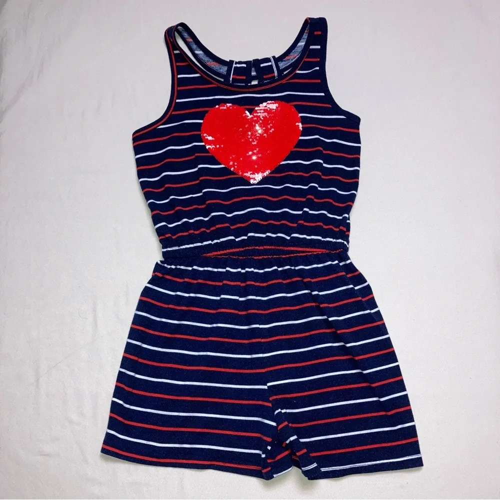 Romper Sequin Outfit Girl 10 Flip Heart Patriotic navy Blue Tank Short Set Strip
