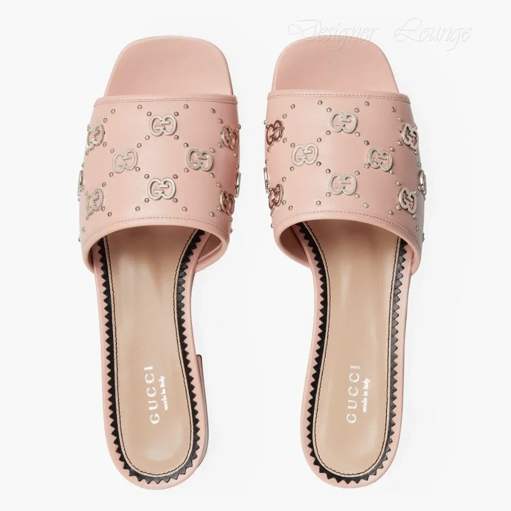 NEW GUCCI Janaya Interlocking GG Studs Rose Leather Sandals Slides EU 41 US 11