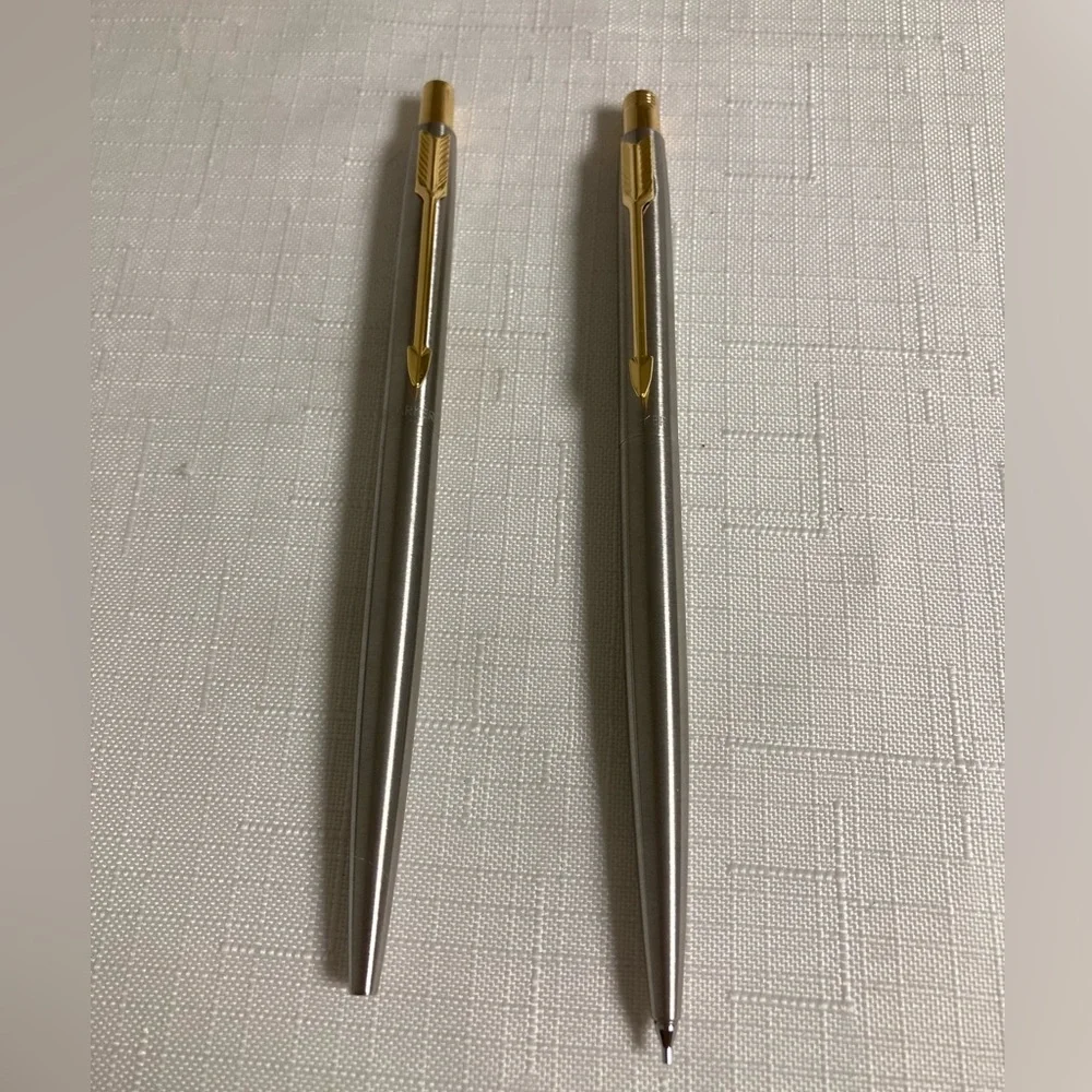 Vintage Parker Pen Pencil Set Stainless Steel Gold Trim Brass Refillable Classic