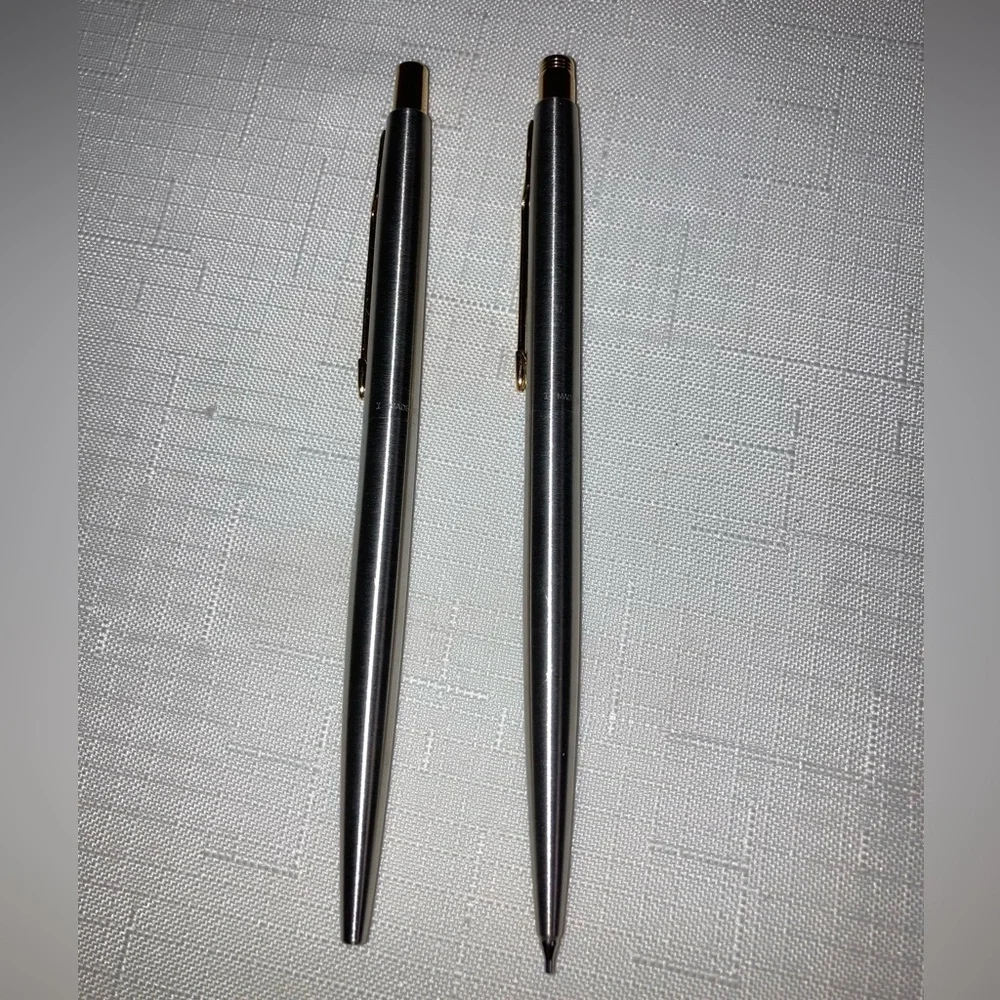 Vintage Parker Pen Pencil Set Stainless Steel Gold Trim Brass Refillable Classic