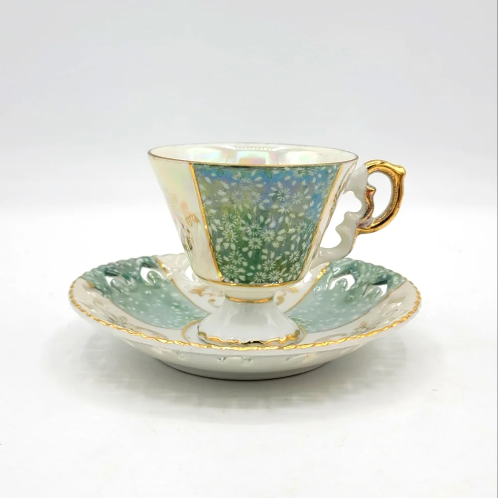 Japanese Lusterware Demitasse Cup Saucer Gold Trim Iridescent Floral Panels Vtg