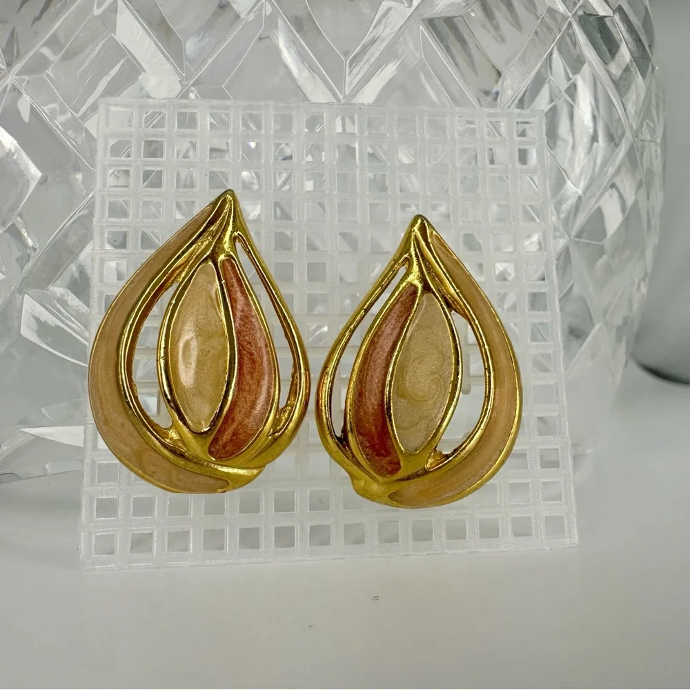 Vintage 3” Enamel Gold-Tone Pink Funky Oversized Leaf Clip Earrings